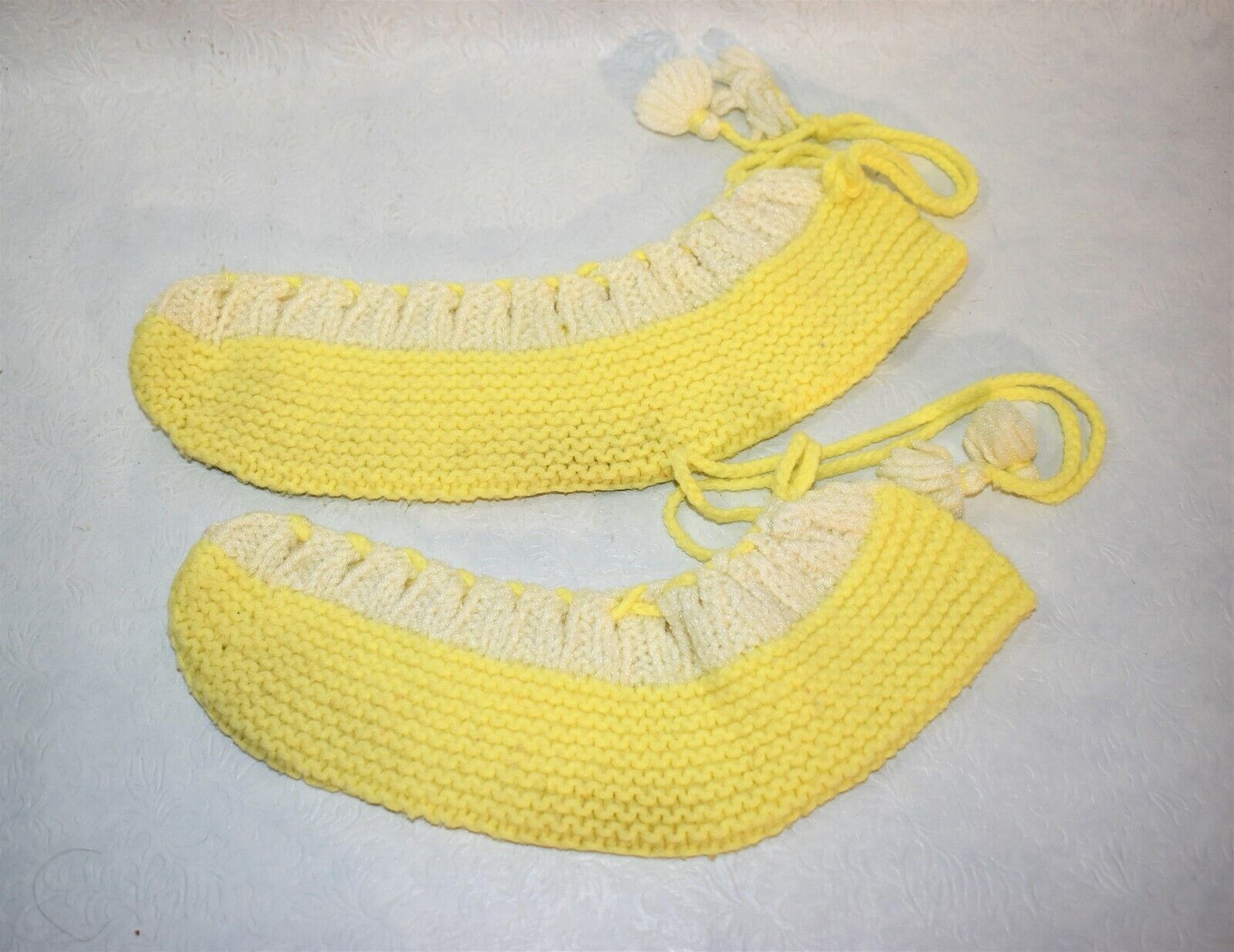 Slippers Socks Handmade Knit Yellow & White Vintage